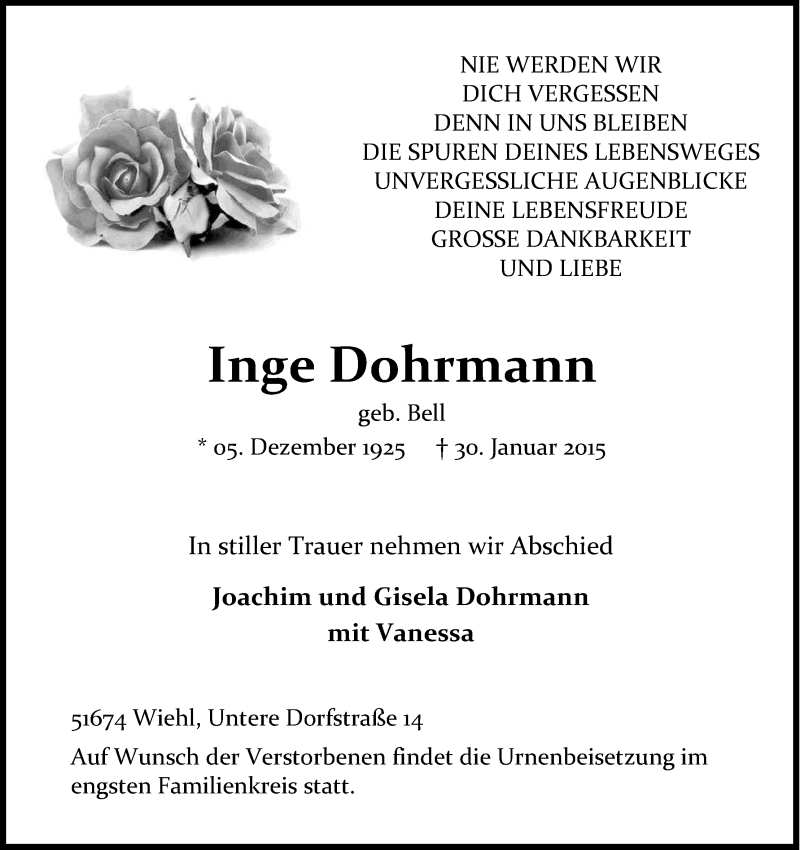  Traueranzeige für Inge Dohrmann vom 04.02.2015 aus Kölner Stadt-Anzeiger / Kölnische Rundschau / Express