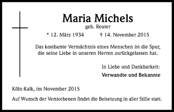 Anzeige von Maria Michels von Kölner Stadt-Anzeiger / Kölnische Rundschau / Express