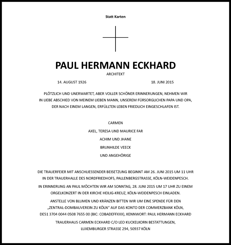  Traueranzeige für Paul Hermann Eckhard vom 24.06.2015 aus Kölner Stadt-Anzeiger / Kölnische Rundschau / Express