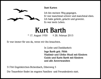 Anzeige von Kurt Barth von Kölner Stadt-Anzeiger / Kölnische Rundschau / Express