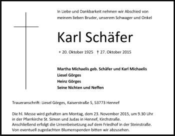 Anzeige von Karl Schäfer von Kölner Stadt-Anzeiger / Kölnische Rundschau / Express
