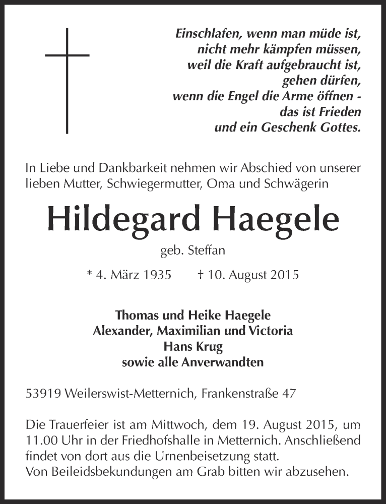  Traueranzeige für Hildegard Haegele vom 16.08.2015 aus  Blickpunkt Euskirchen 
