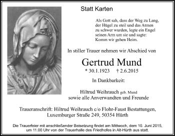 Anzeige von Gertrud Mund von Kölner Stadt-Anzeiger / Kölnische Rundschau / Express