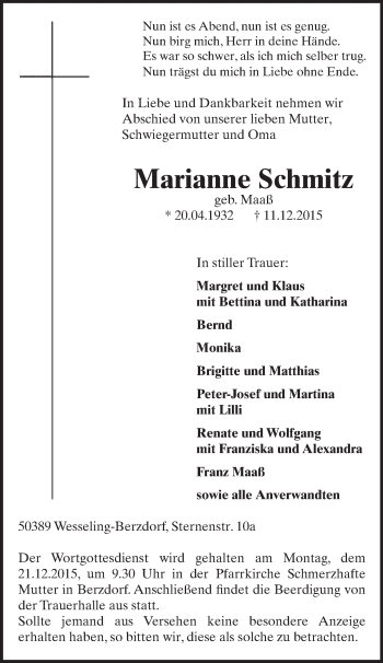 Anzeige von Marianne Schmitz von  Schlossbote/Werbekurier 