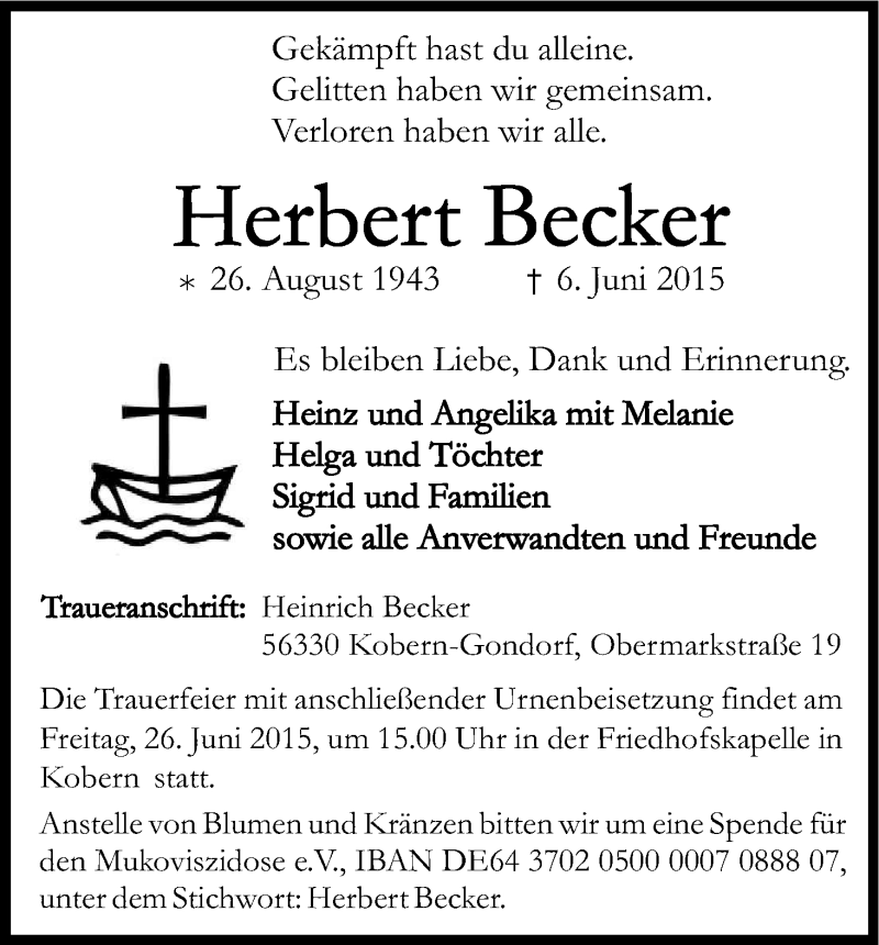  Traueranzeige für Herbert Becker vom 22.06.2015 aus Kölner Stadt-Anzeiger / Kölnische Rundschau / Express