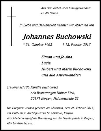 Anzeige von Johannes Buchowski von Kölner Stadt-Anzeiger / Kölnische Rundschau / Express