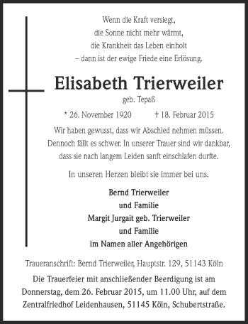 Anzeige von Elisabeth Trierweiler von  Kölner Wochenspiegel 