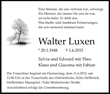 Anzeige von Walter Luxen von Kölner Stadt-Anzeiger / Kölnische Rundschau / Express