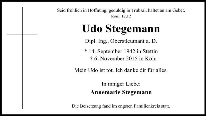  Traueranzeige für Udo Stegemann vom 14.11.2015 aus Köln - Wir Trauern