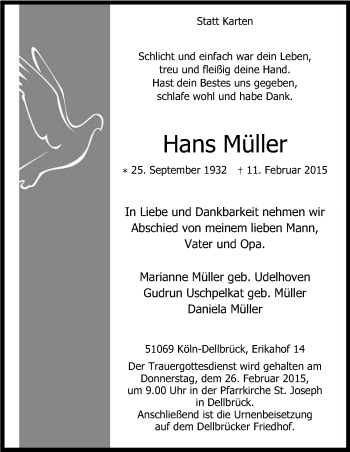 Anzeige von Hans Müller von Kölner Stadt-Anzeiger / Kölnische Rundschau / Express