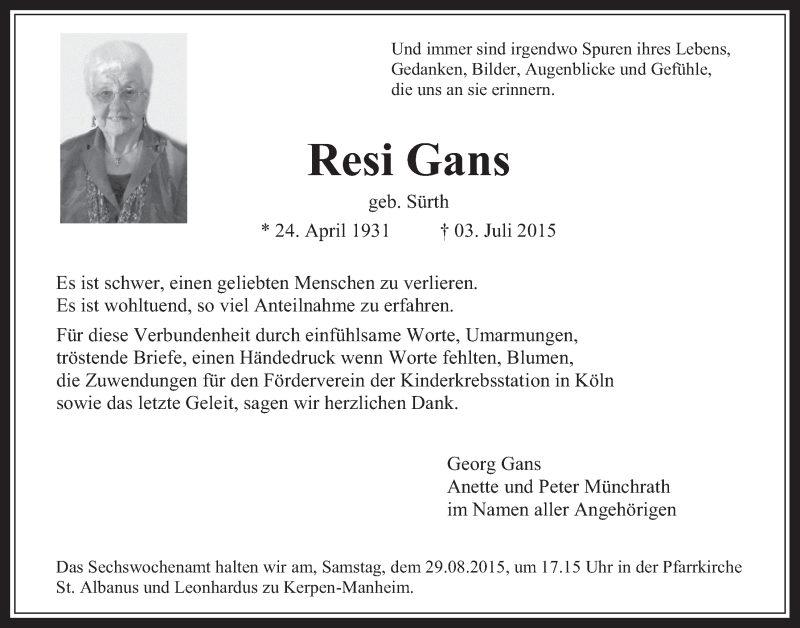  Traueranzeige für Resi Gans vom 26.08.2015 aus  Werbepost 