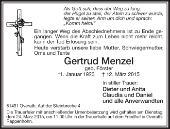 Anzeige von Gertrud Menzel von  Bergisches Handelsblatt 