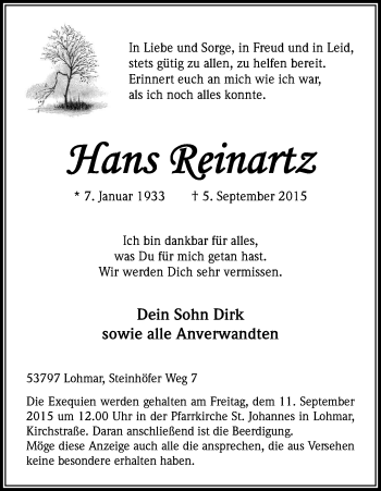 Anzeige von Hans Reinartz von Kölner Stadt-Anzeiger / Kölnische Rundschau / Express