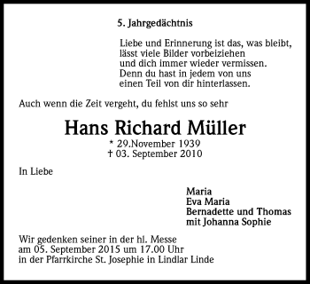 Anzeige von Hans Richard Müller von Kölner Stadt-Anzeiger / Kölnische Rundschau / Express