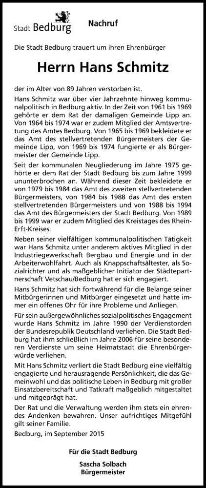  Traueranzeige für Hans Schmitz vom 26.09.2015 aus Kölner Stadt-Anzeiger / Kölnische Rundschau / Express