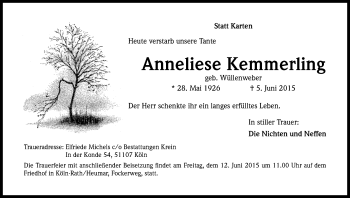 Anzeige von Anneliese Kemmerling von Kölner Stadt-Anzeiger / Kölnische Rundschau / Express
