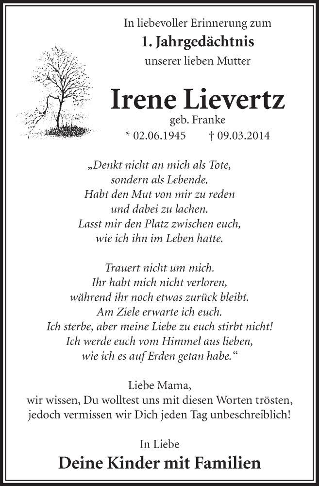  Traueranzeige für Irene Lievertz vom 07.03.2015 aus  Sonntags-Post 