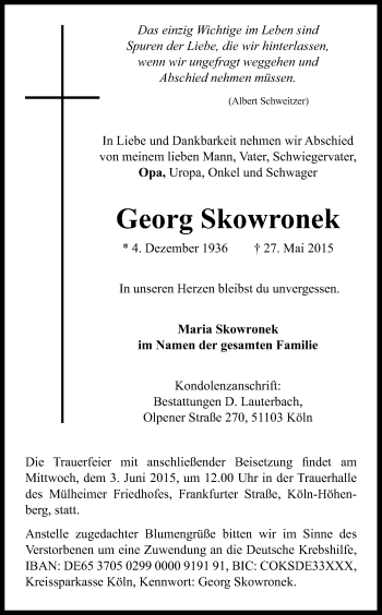 Anzeige von Georg Skowronek von Kölner Stadt-Anzeiger / Kölnische Rundschau / Express