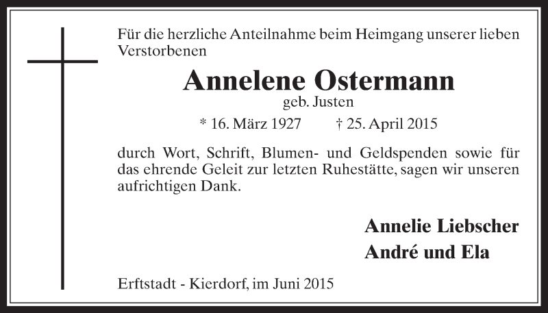  Traueranzeige für Annelene Ostermann vom 03.06.2015 aus  Werbepost 