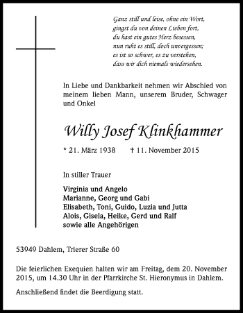 Anzeige von Willy Klinkhammer von Kölner Stadt-Anzeiger / Kölnische Rundschau / Express