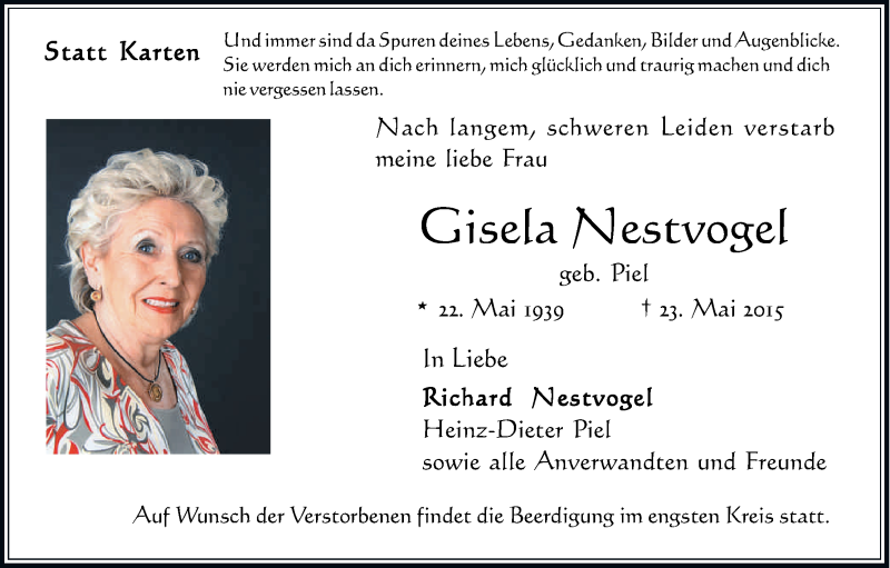  Traueranzeige für Gisela Nestvogel vom 30.05.2015 aus Kölner Stadt-Anzeiger / Kölnische Rundschau / Express