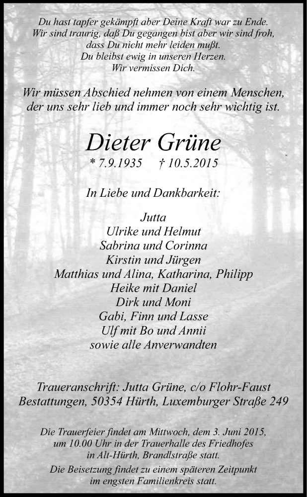  Traueranzeige für Dieter Grüne vom 23.05.2015 aus Kölner Stadt-Anzeiger / Kölnische Rundschau / Express