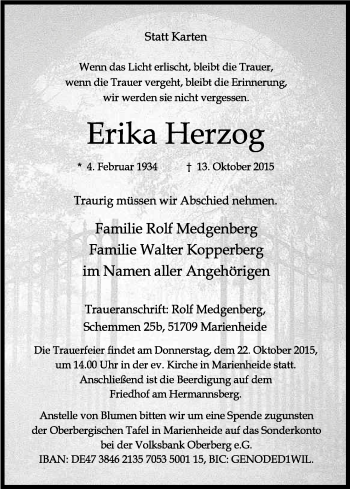 Anzeige von Erika Herzog von Kölner Stadt-Anzeiger / Kölnische Rundschau / Express