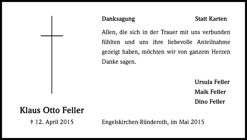  Traueranzeige für Klaus Otto Feller vom 30.05.2015 aus Kölner Stadt-Anzeiger / Kölnische Rundschau / Express