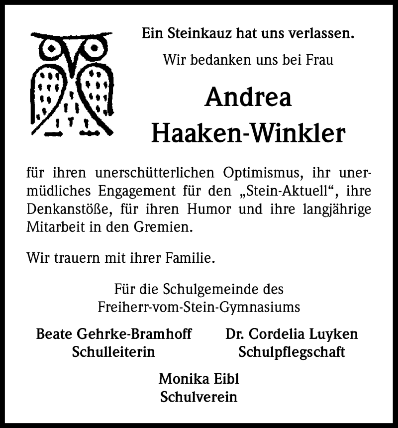  Traueranzeige für Andrea Haaken-Winkler vom 11.02.2015 aus Kölner Stadt-Anzeiger / Kölnische Rundschau / Express