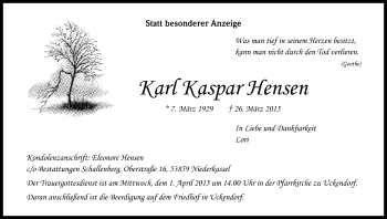 Anzeige von Karl Kaspar Hensen von Kölner Stadt-Anzeiger / Kölnische Rundschau / Express