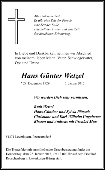 Anzeige von Hans Günter Wetzel von Kölner Stadt-Anzeiger / Kölnische Rundschau / Express