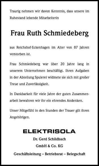 Anzeige von Ruth Schmiedeberg von Kölner Stadt-Anzeiger / Kölnische Rundschau / Express