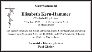 Anzeige von Elisabeth Kern-Hammer von  Schaufenster/Blickpunkt 