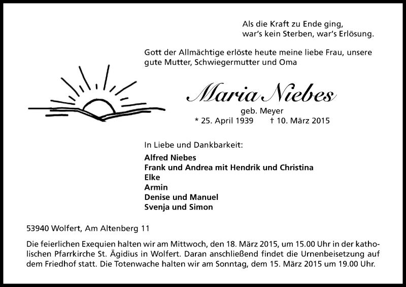  Traueranzeige für Maria Niebes vom 14.03.2015 aus Kölner Stadt-Anzeiger / Kölnische Rundschau / Express