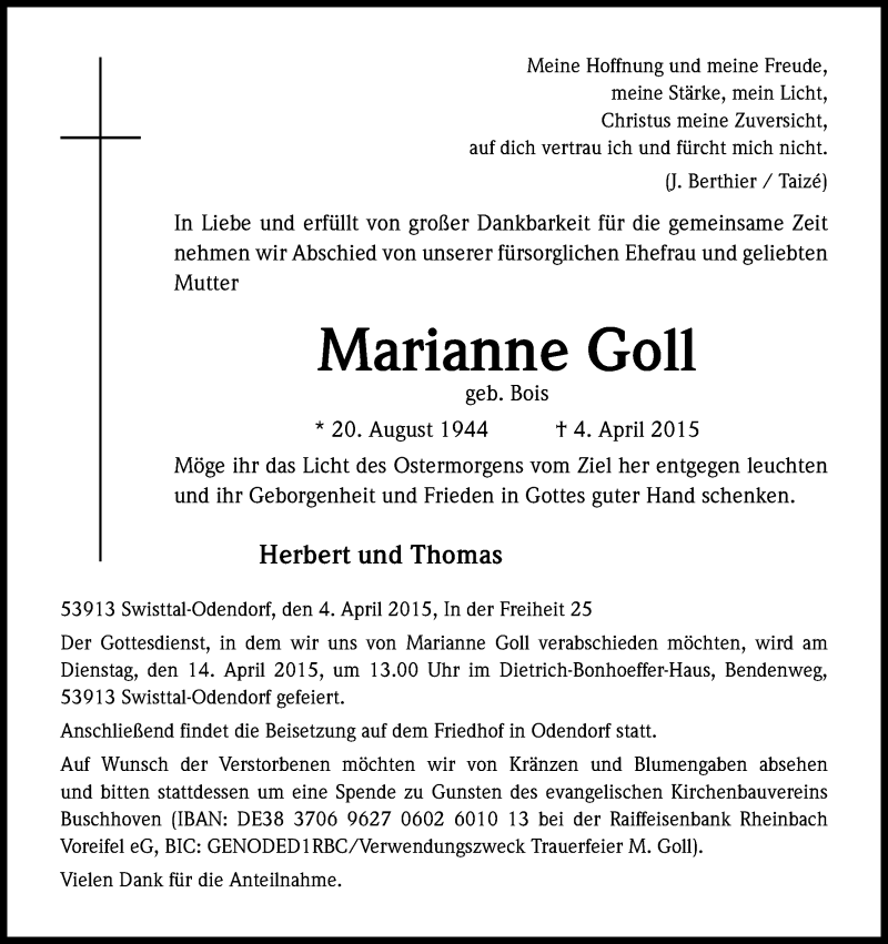 Traueranzeige für Marianne Goll vom 09.04.2015 aus Kölner Stadt-Anzeiger / Kölnische Rundschau / Express