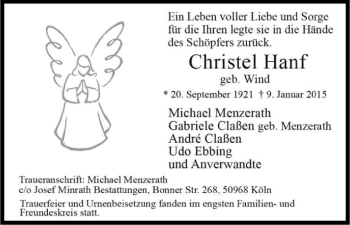 Anzeige von Christel Hanf von Kölner Stadt-Anzeiger / Kölnische Rundschau / Express