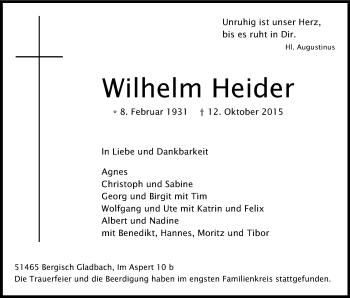 Anzeige von Wilhelm Heider von Kölner Stadt-Anzeiger / Kölnische Rundschau / Express
