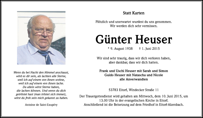  Traueranzeige für Günter Heuser vom 06.06.2015 aus Kölner Stadt-Anzeiger / Kölnische Rundschau / Express