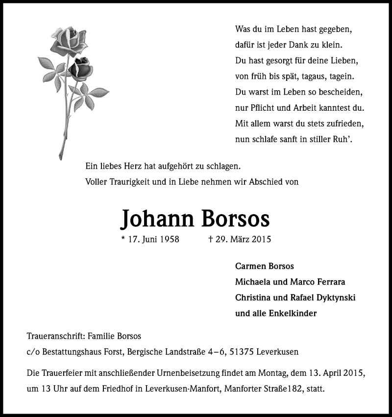  Traueranzeige für Johann Borsos vom 04.04.2015 aus Kölner Stadt-Anzeiger / Kölnische Rundschau / Express