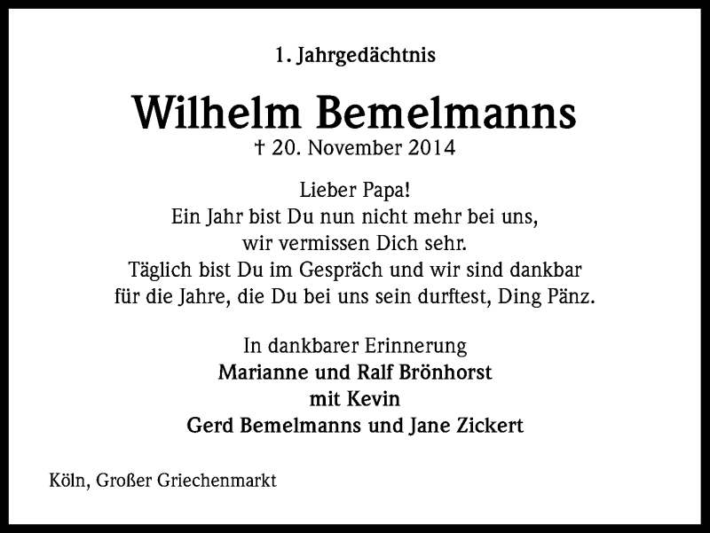  Traueranzeige für Wilhelm Bemelmanns vom 21.11.2015 aus Kölner Stadt-Anzeiger / Kölnische Rundschau / Express