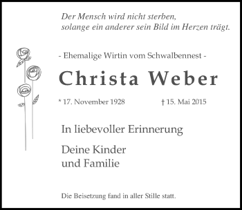 Anzeige von Christa Weber von  Kölner Wochenspiegel 