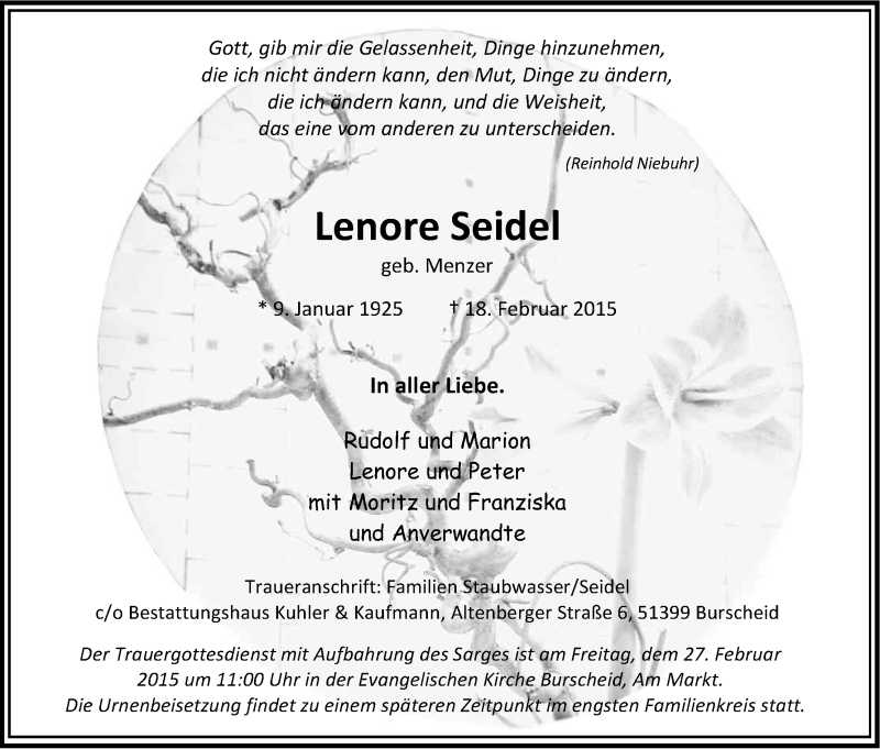  Traueranzeige für Lenore Seidel vom 25.02.2015 aus Kölner Stadt-Anzeiger / Kölnische Rundschau / Express