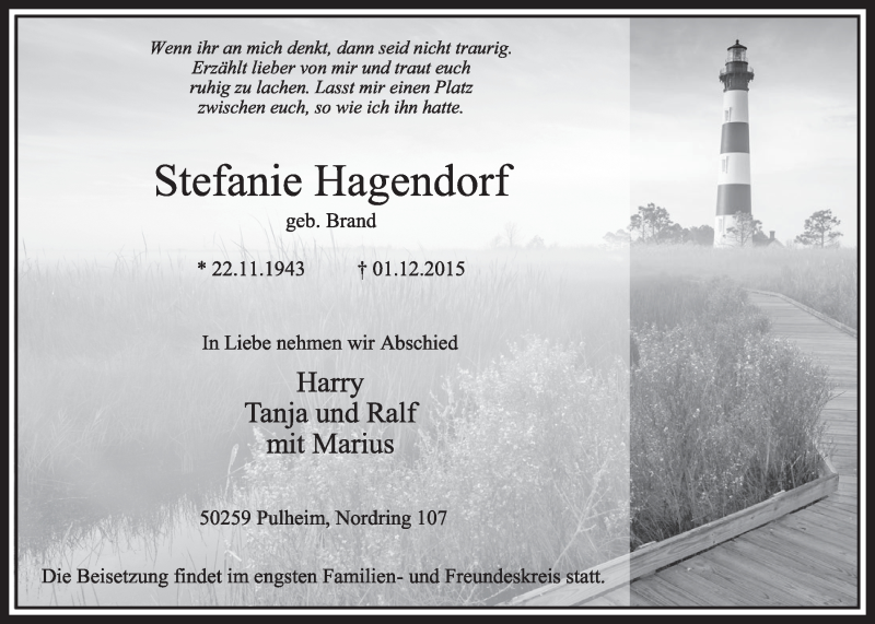  Traueranzeige für Sefanie Hagendorf vom 05.12.2015 aus  Sonntags-Post 