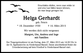 Anzeige von Helga Gerhardt von Kölner Stadt-Anzeiger / Kölnische Rundschau / Express