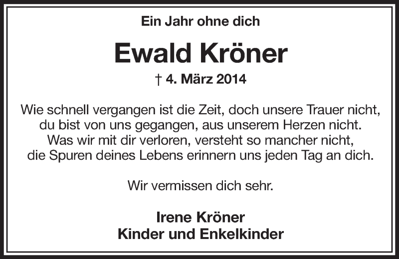  Traueranzeige für Ewald Kröner vom 04.03.2015 aus  Schlossbote/Werbekurier 