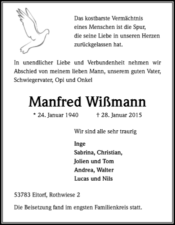 Anzeige von Manfred Wißmann von Kölner Stadt-Anzeiger / Kölnische Rundschau / Express