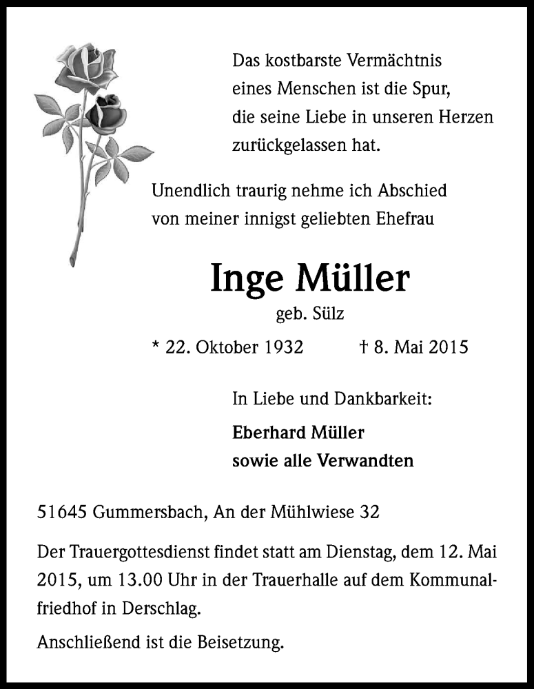  Traueranzeige für Inge Müller vom 12.05.2015 aus Kölner Stadt-Anzeiger / Kölnische Rundschau / Express