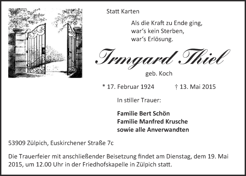  Traueranzeige für Irmgard Thiel vom 17.05.2015 aus  Blickpunkt Euskirchen 