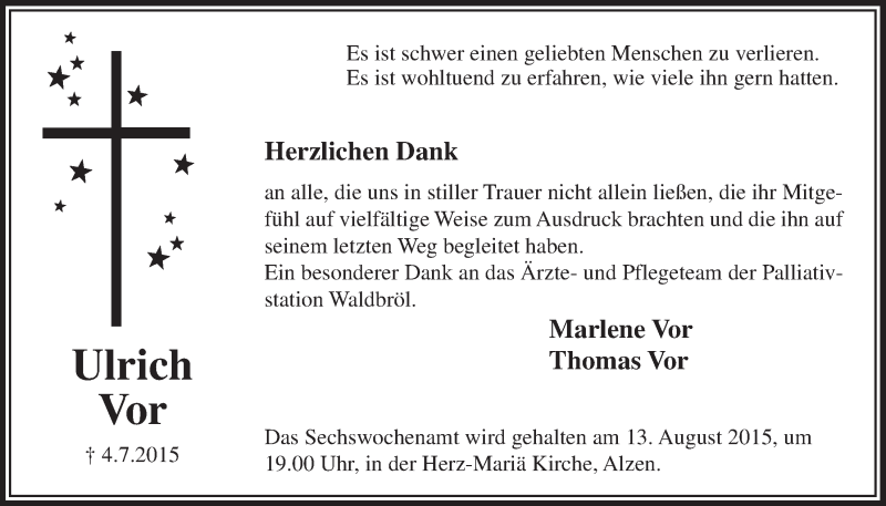  Traueranzeige für Ulrich Vor vom 05.08.2015 aus  Lokalanzeiger 