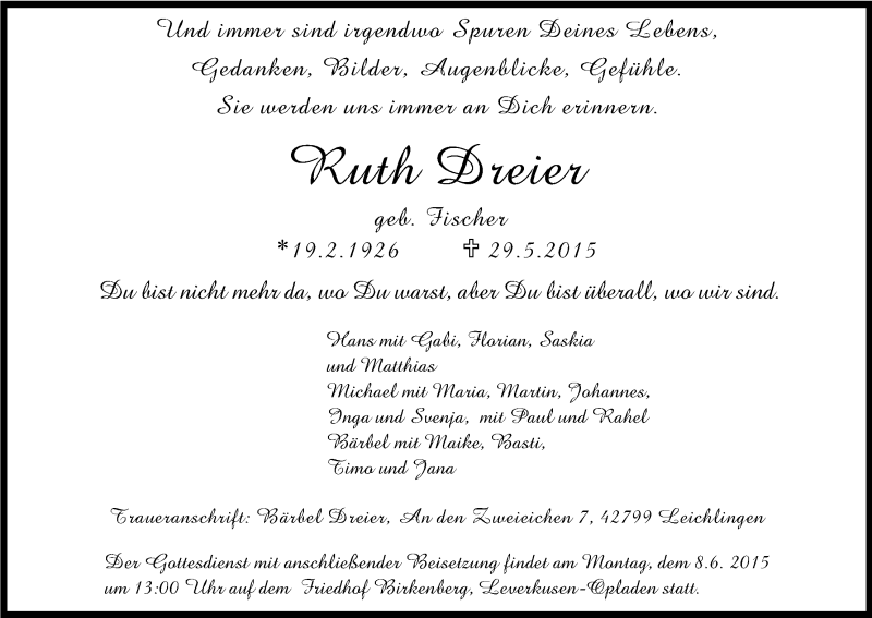  Traueranzeige für Ruth Dreier vom 03.06.2015 aus Kölner Stadt-Anzeiger / Kölnische Rundschau / Express